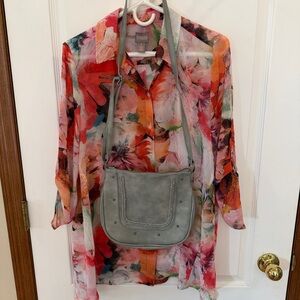 SET! Chicos Sheer Floral Blouse + Whisper Green Faux Leather Purse